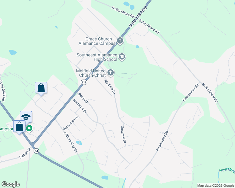 map of restaurants, bars, coffee shops, grocery stores, and more near 2256 Melfield Drive in Haw River
