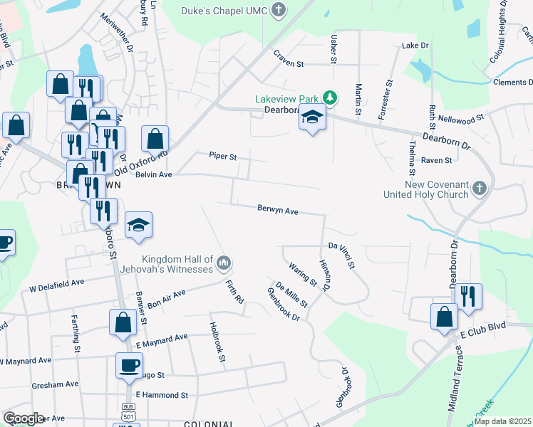map of restaurants, bars, coffee shops, grocery stores, and more near 724 Berwyn Avenue in Durham