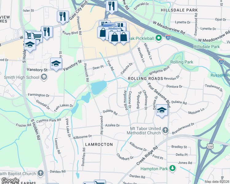 map of restaurants, bars, coffee shops, grocery stores, and more near 2605 Chantilly Place in Greensboro