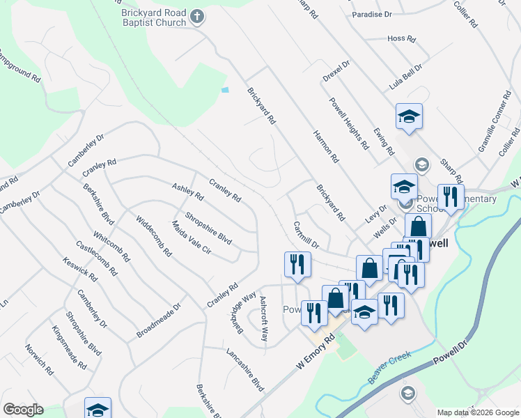map of restaurants, bars, coffee shops, grocery stores, and more near 7724 Cranley Road in Powell