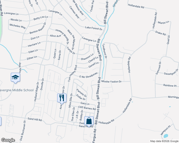 map of restaurants, bars, coffee shops, grocery stores, and more near 1313 East Nir Shreibman Boulevard in La Vergne