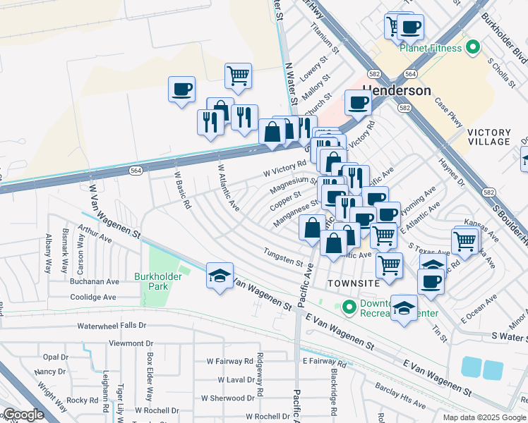 map of restaurants, bars, coffee shops, grocery stores, and more near 158 Copper Street in Henderson