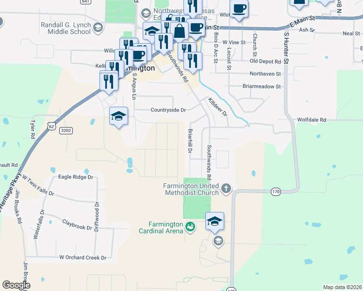 map of restaurants, bars, coffee shops, grocery stores, and more near 267 Briarhill Drive in Farmington
