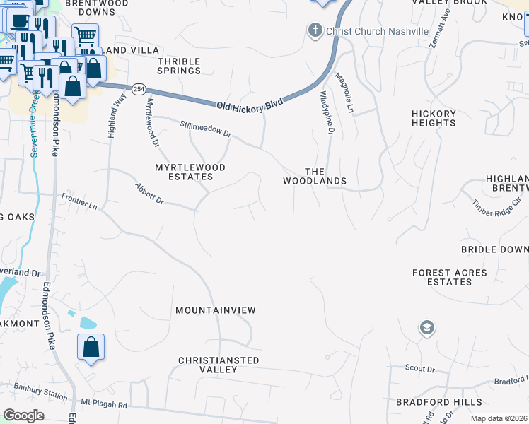 map of restaurants, bars, coffee shops, grocery stores, and more near 5847 Woodland Hills Drive in Nashville