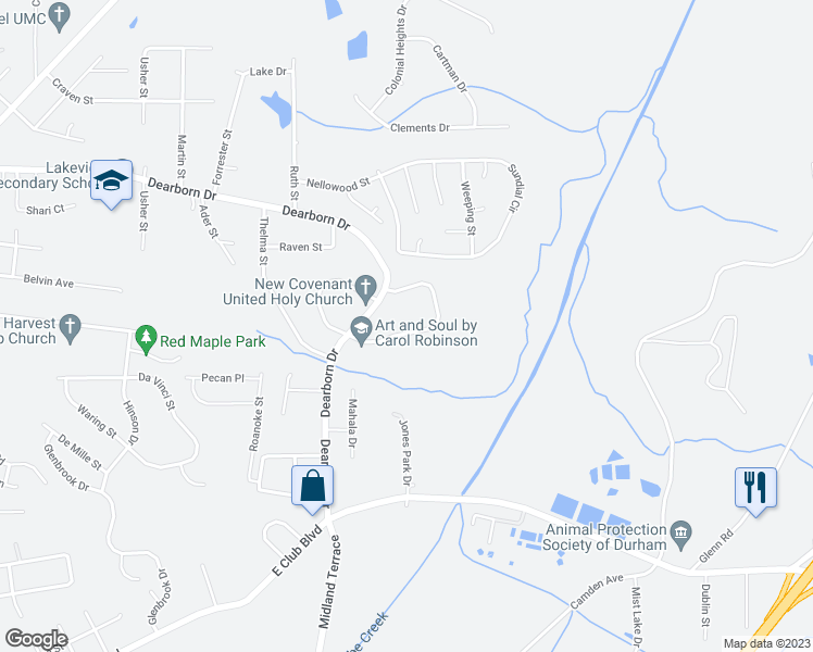 map of restaurants, bars, coffee shops, grocery stores, and more near 1427 Maplewood Drive in Durham