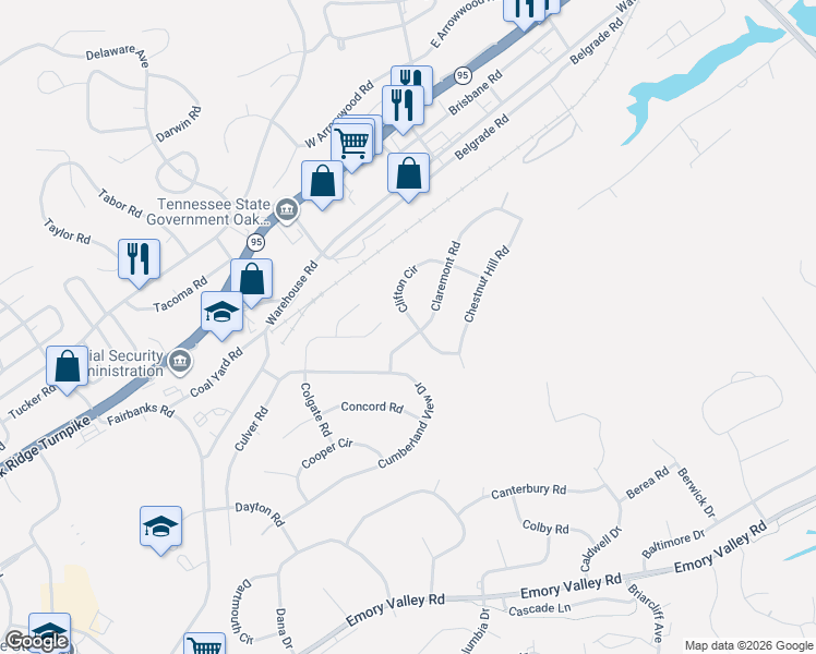 map of restaurants, bars, coffee shops, grocery stores, and more near 104 Claremont Road in Oak Ridge