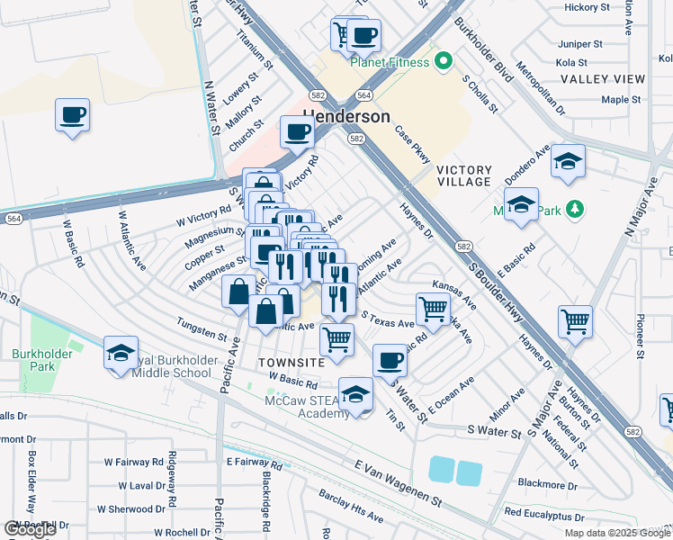 map of restaurants, bars, coffee shops, grocery stores, and more near 22 East Texas Avenue in Henderson
