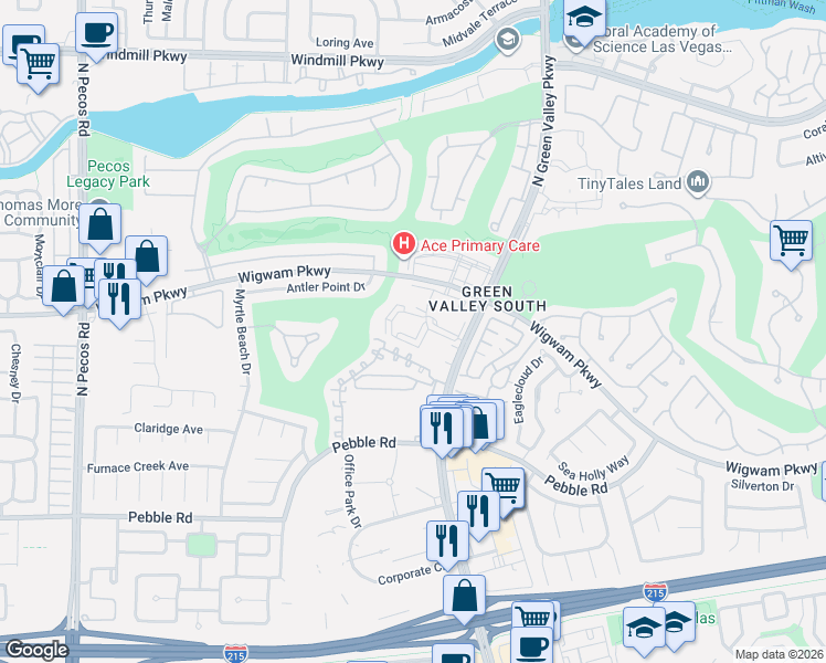 map of restaurants, bars, coffee shops, grocery stores, and more near 2225 Ramsgate Drive in Henderson