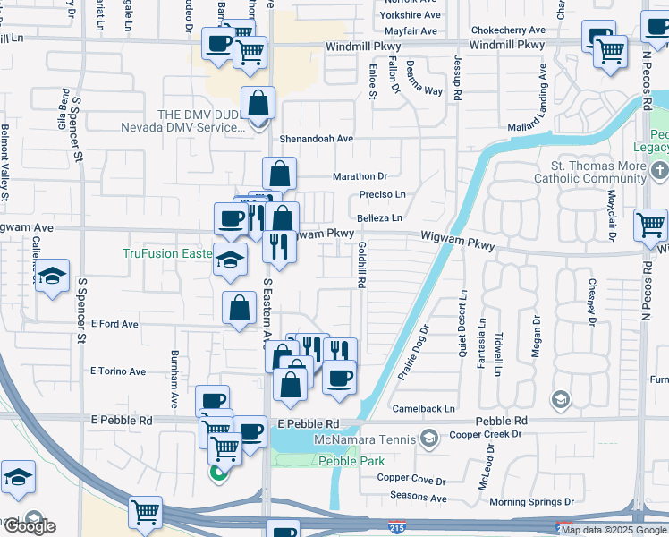 map of restaurants, bars, coffee shops, grocery stores, and more near 2574 Quail Canyon Avenue in Henderson