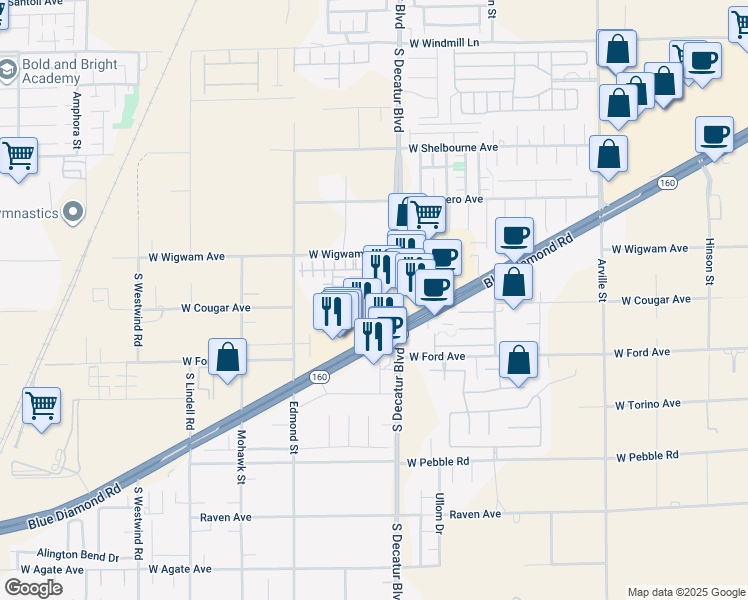 map of restaurants, bars, coffee shops, grocery stores, and more near 4930 Blue Diamond Road in Las Vegas