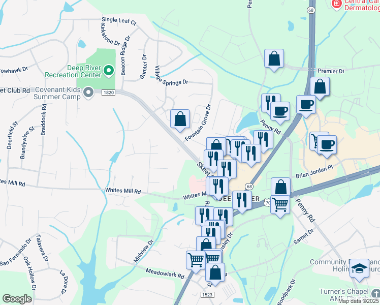 map of restaurants, bars, coffee shops, grocery stores, and more near 1574 Skeet Club Road in High Point