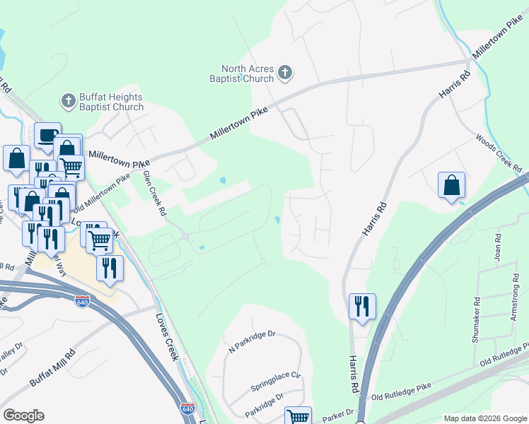 map of restaurants, bars, coffee shops, grocery stores, and more near 5600 Gateswalk Lane in Knoxville