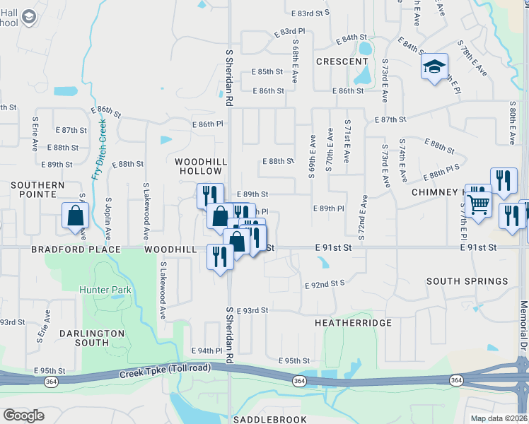 map of restaurants, bars, coffee shops, grocery stores, and more near 6527 East 90th Street in Tulsa