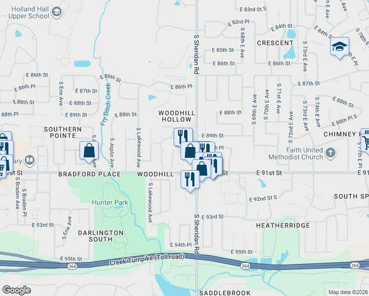 map of restaurants, bars, coffee shops, grocery stores, and more near 8988 South Sheridan Road in Tulsa
