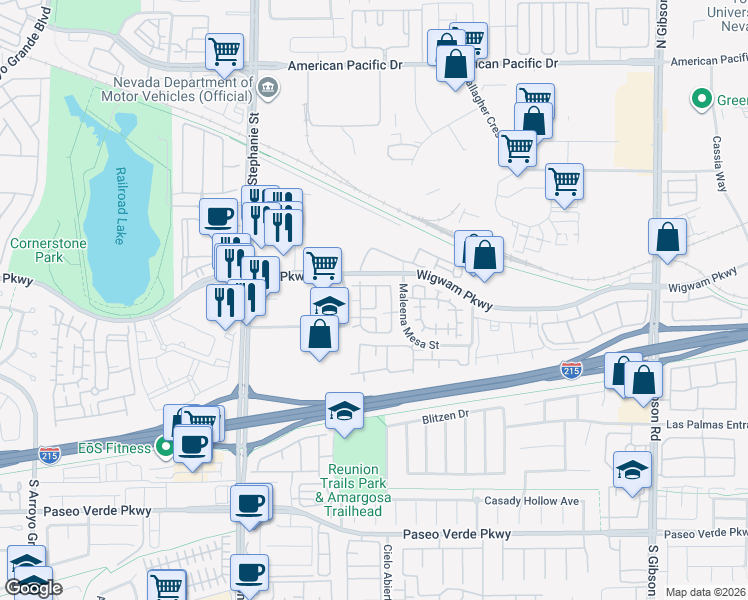 map of restaurants, bars, coffee shops, grocery stores, and more near 67 Dow Jones Street in Henderson