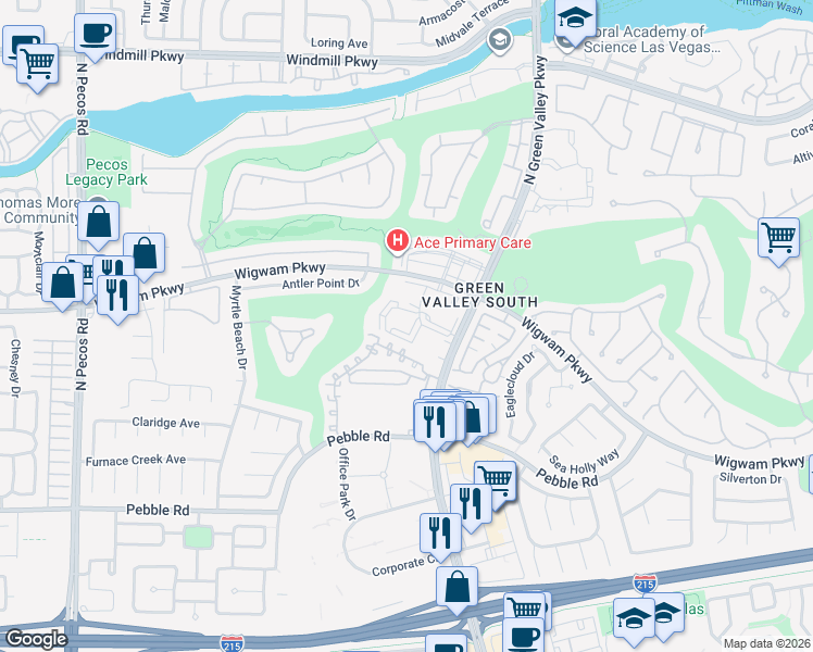 map of restaurants, bars, coffee shops, grocery stores, and more near 2225 Ramsgate Drive in Henderson