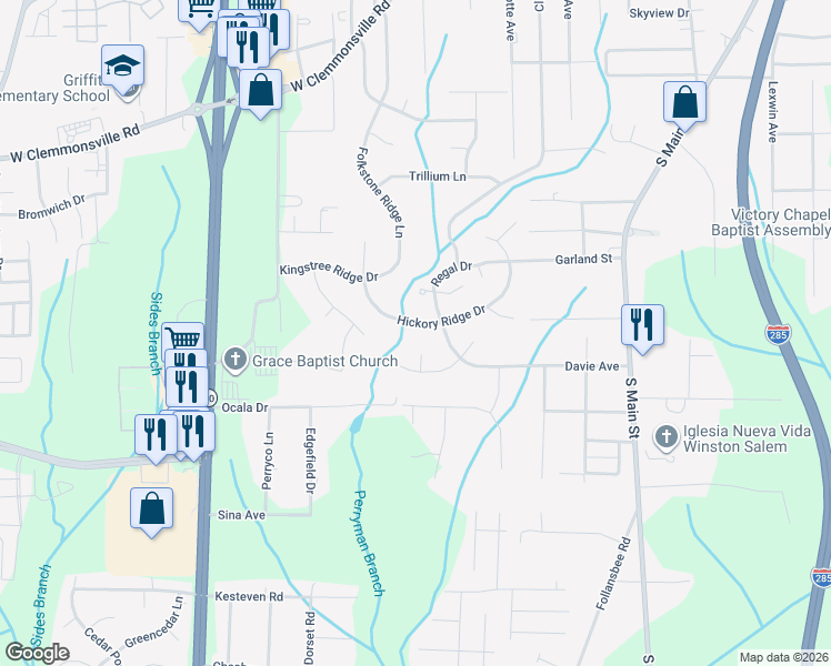 map of restaurants, bars, coffee shops, grocery stores, and more near 4436 Eagles Nest Drive in Winston-Salem