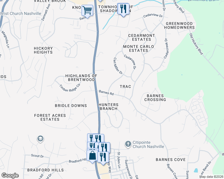 map of restaurants, bars, coffee shops, grocery stores, and more near 1329 Barnes Road in Nashville