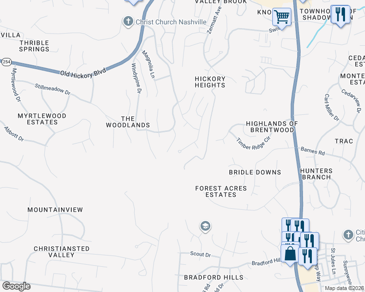 map of restaurants, bars, coffee shops, grocery stores, and more near 1201-1289 Pineview Lane in Nashville