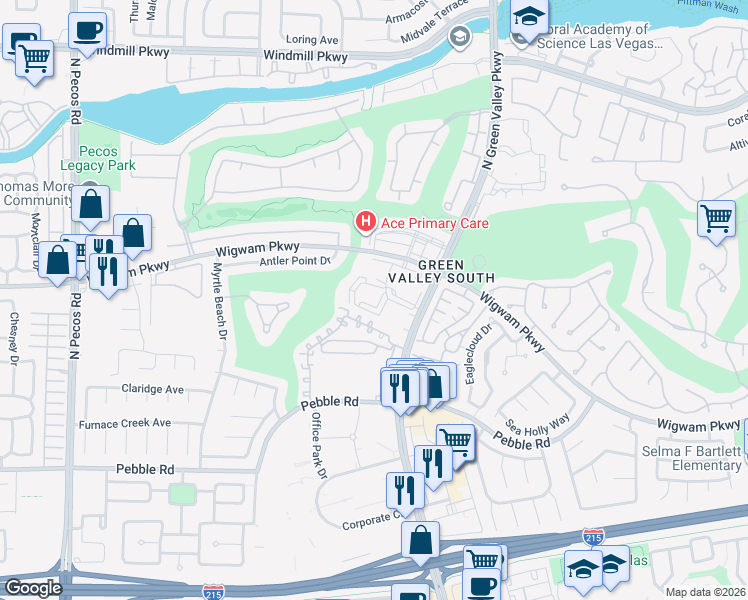 map of restaurants, bars, coffee shops, grocery stores, and more near 2251 Wigwam Parkway in Henderson