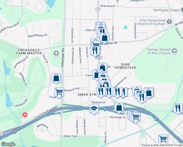 map of restaurants, bars, coffee shops, grocery stores, and more near 2716 Fawn Avenue in Durham