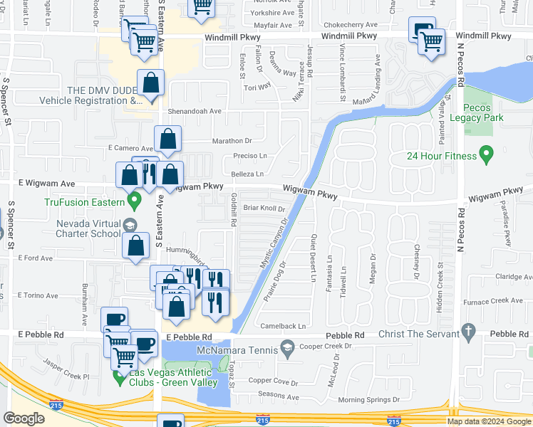 map of restaurants, bars, coffee shops, grocery stores, and more near 2822 Dawn Crossing Drive in Henderson