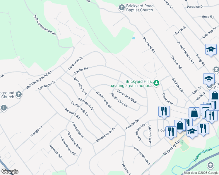 map of restaurants, bars, coffee shops, grocery stores, and more near 7764 Maida Vale Circle in Powell