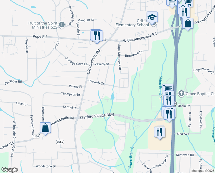 map of restaurants, bars, coffee shops, grocery stores, and more near 1446 Waverly Street in Winston-Salem