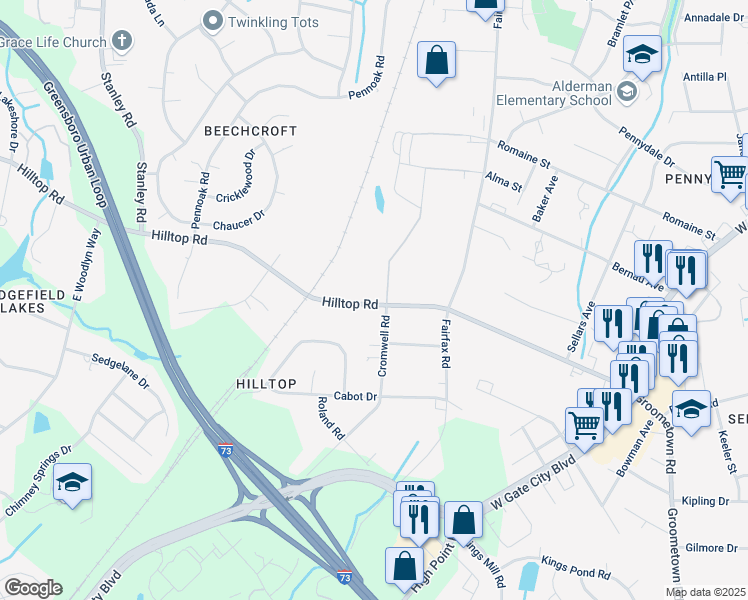 map of restaurants, bars, coffee shops, grocery stores, and more near 4607 Hilltop Road in Greensboro