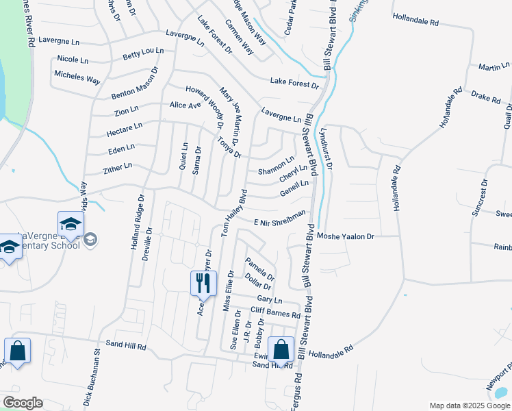 map of restaurants, bars, coffee shops, grocery stores, and more near 1107 Sima Shabat Court in La Vergne