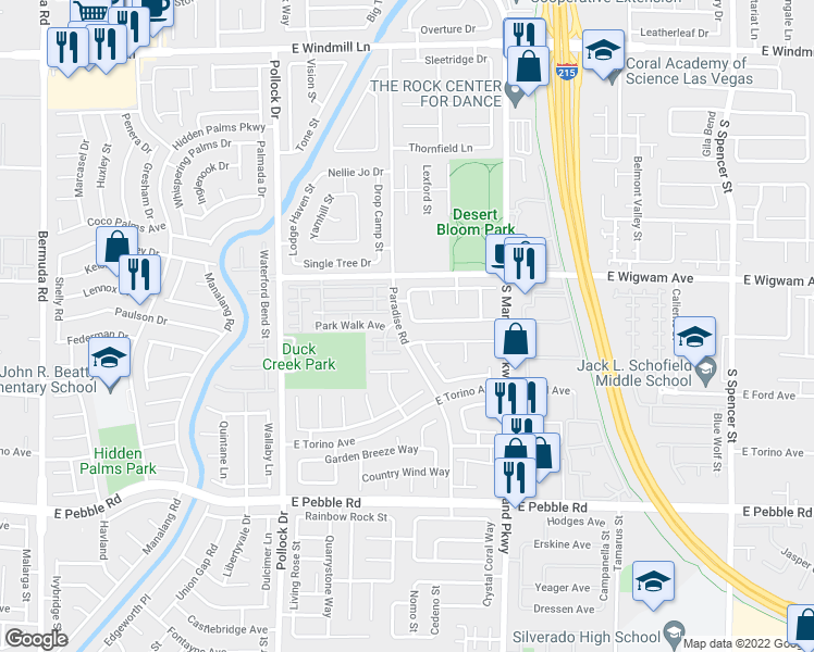 map of restaurants, bars, coffee shops, grocery stores, and more near 8585 Ebony Hills Way in Las Vegas