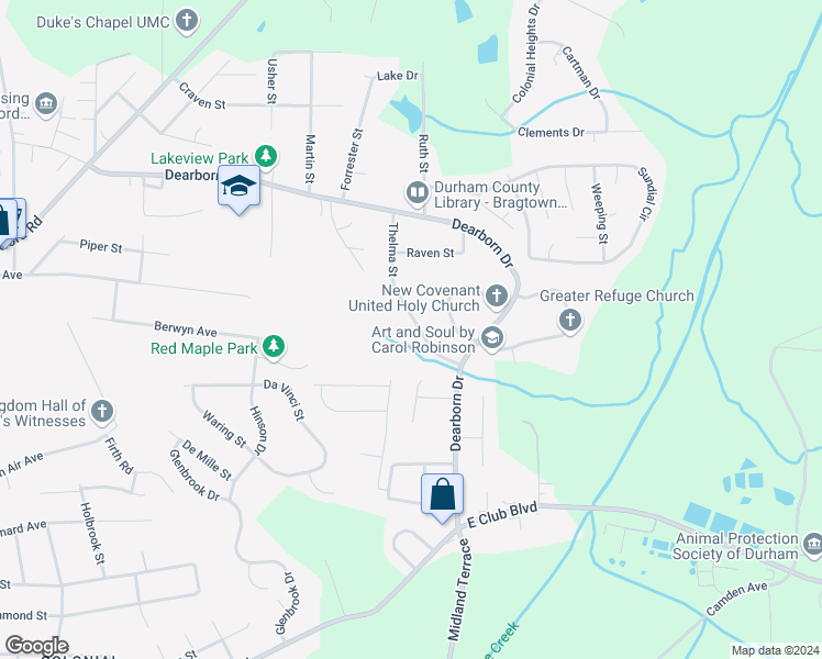 map of restaurants, bars, coffee shops, grocery stores, and more near 2727 Thelma Street in Durham