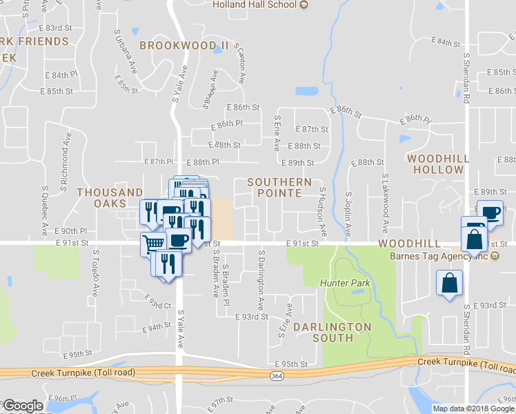 map of restaurants, bars, coffee shops, grocery stores, and more near 5598 East 89th Court in Tulsa