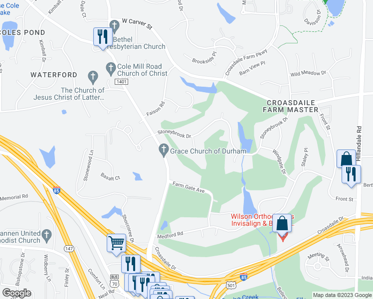 map of restaurants, bars, coffee shops, grocery stores, and more near 12 Butterwick Place in Durham