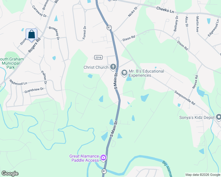 map of restaurants, bars, coffee shops, grocery stores, and more near 1821 South Main Street in Graham