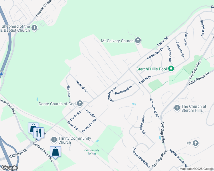 map of restaurants, bars, coffee shops, grocery stores, and more near 760 Whitesburg Drive in Knoxville