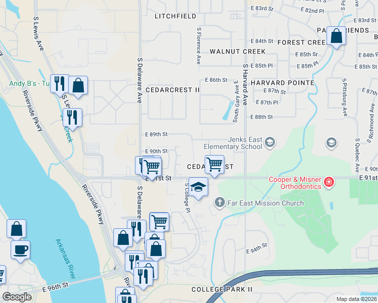 map of restaurants, bars, coffee shops, grocery stores, and more near 8946 South College Place in Tulsa
