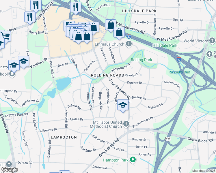 map of restaurants, bars, coffee shops, grocery stores, and more near 2512 Cherbonne Drive in Greensboro