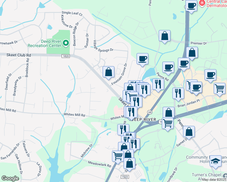 map of restaurants, bars, coffee shops, grocery stores, and more near 1574 Skeet Club Road in High Point