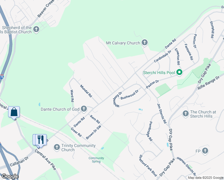 map of restaurants, bars, coffee shops, grocery stores, and more near 760 Whitesburg Drive in Knoxville