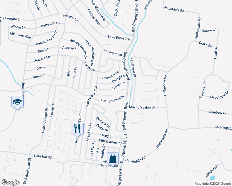 map of restaurants, bars, coffee shops, grocery stores, and more near 1313 East Nir Shreibman Boulevard in La Vergne