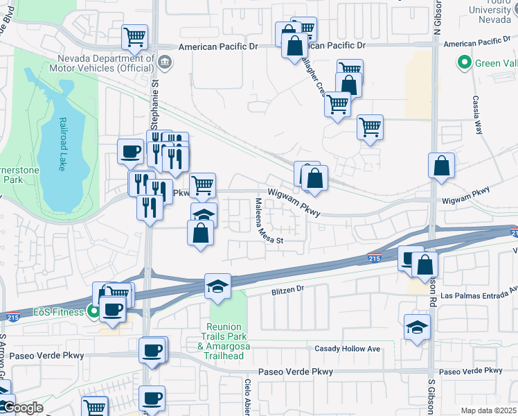 map of restaurants, bars, coffee shops, grocery stores, and more near Maleena Mesa Street in Henderson