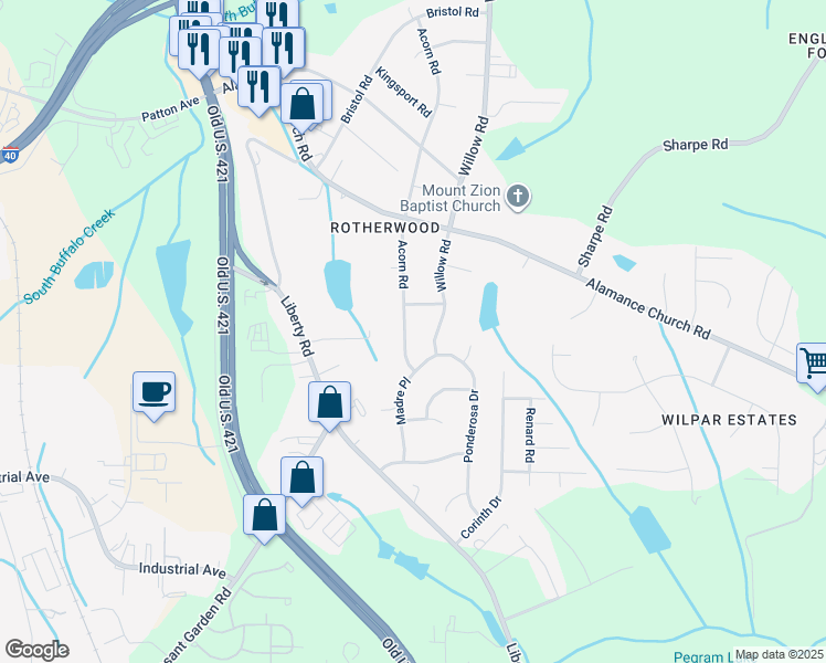 map of restaurants, bars, coffee shops, grocery stores, and more near 2318 Acorn Road in Greensboro