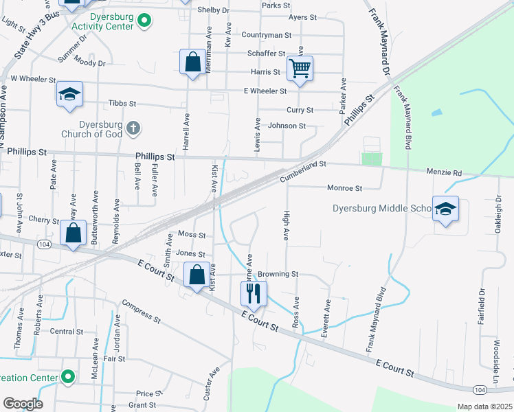 map of restaurants, bars, coffee shops, grocery stores, and more near 375 Hawthorne Avenue in Dyersburg