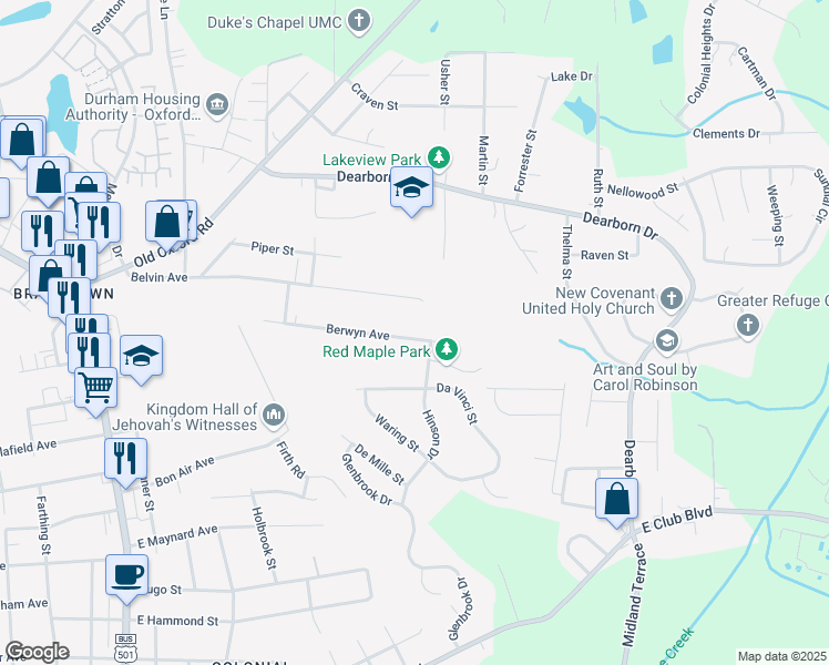 map of restaurants, bars, coffee shops, grocery stores, and more near 829 Berwyn Avenue in Durham