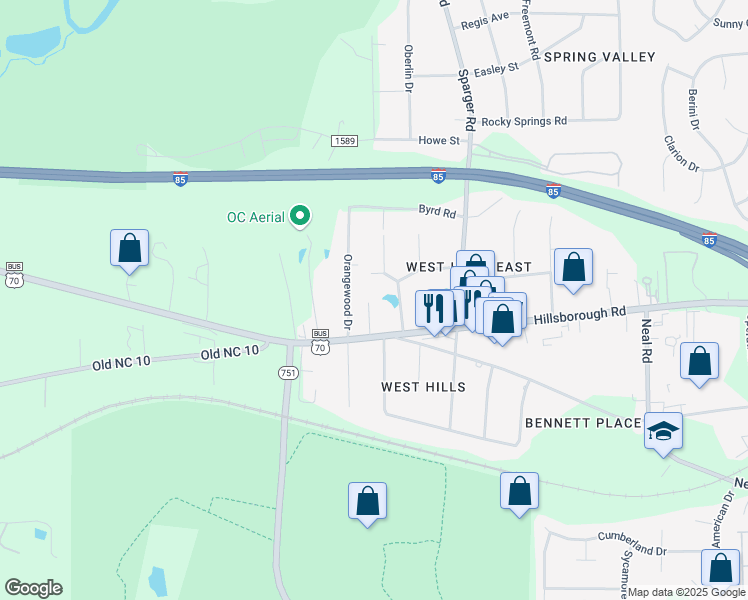 map of restaurants, bars, coffee shops, grocery stores, and more near 4808 Hillsborough Road in Durham