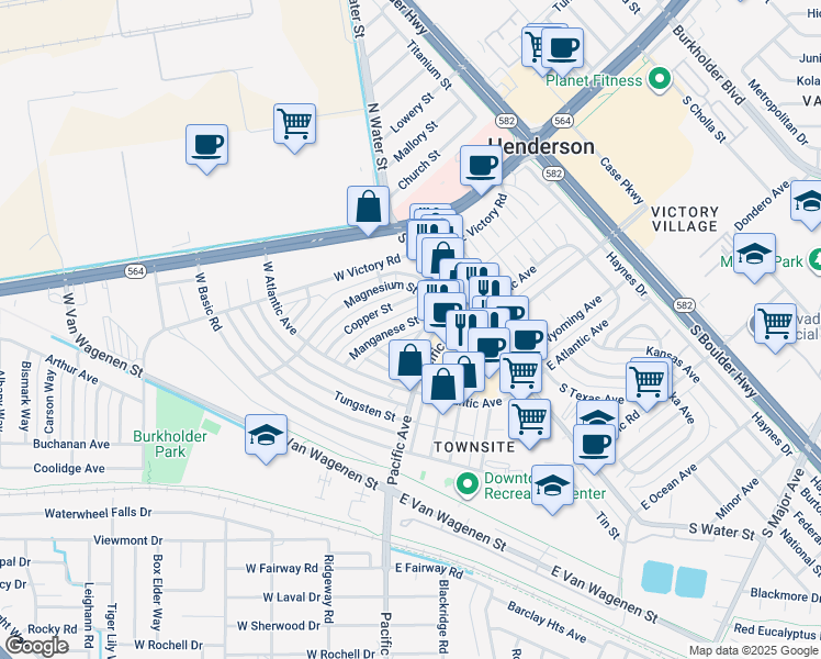 map of restaurants, bars, coffee shops, grocery stores, and more near 111 Manganese Street in Henderson