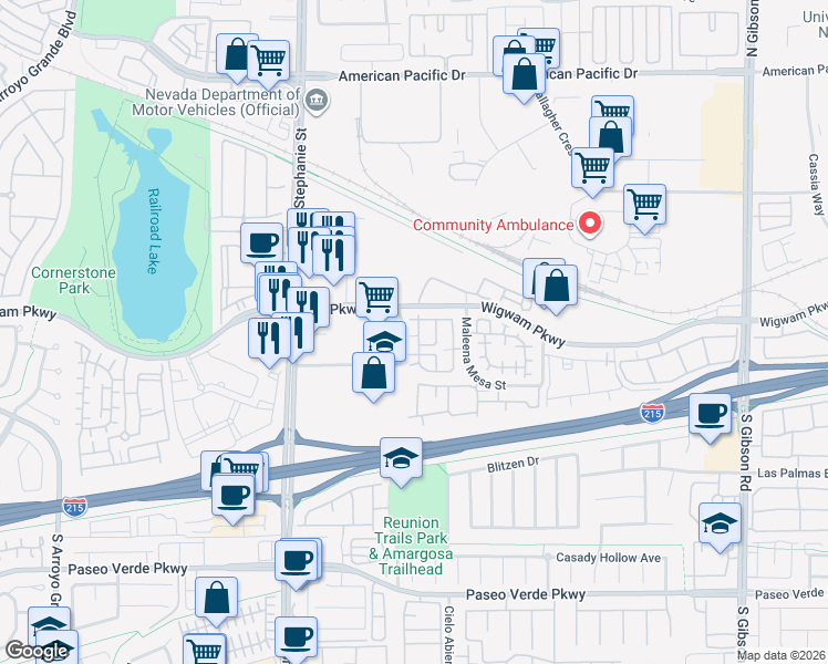 map of restaurants, bars, coffee shops, grocery stores, and more near 85 Day Trade Street in Henderson