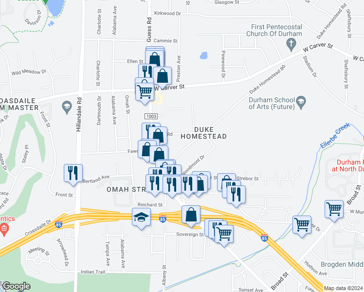 map of restaurants, bars, coffee shops, grocery stores, and more near 2709 Duke Homestead Road in Durham