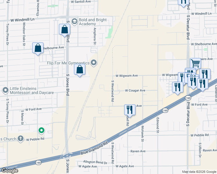map of restaurants, bars, coffee shops, grocery stores, and more near 8565 South Westwind Road in Las Vegas